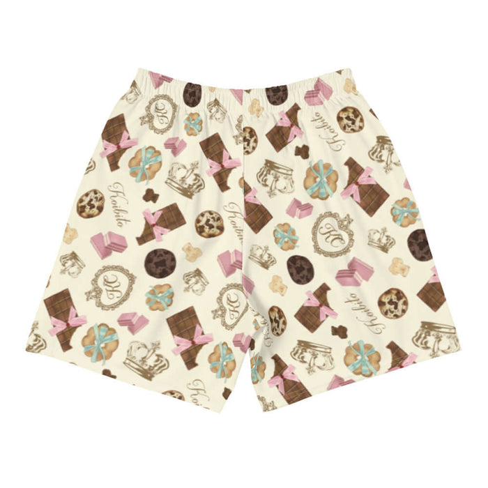Royal Cookie kawaii men's athletic shorts in vanilla cream with gold crowns and milk-chocolate bars