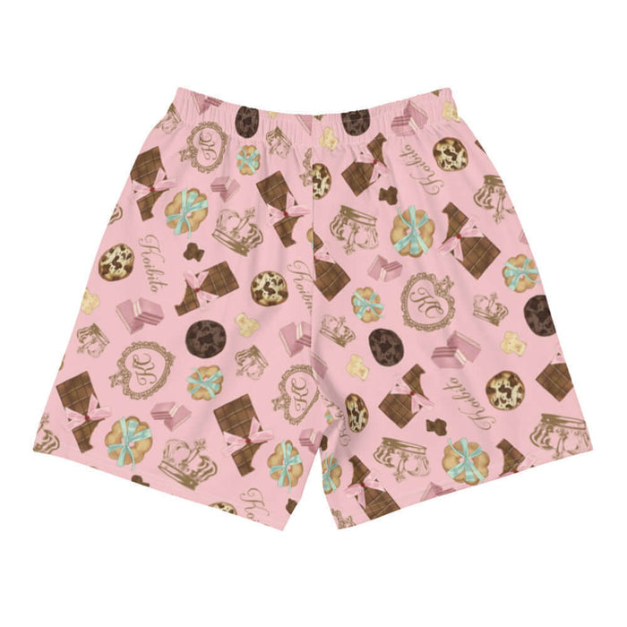Royal Cookie kawaii men's athletic shorts in strawberry pink with milk-chocolate bars and pink satin bows