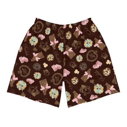 Royal Cookie kawaii men's athletic shorts in milk chocolate with strawberry wafers and ribbon-tied cookies
