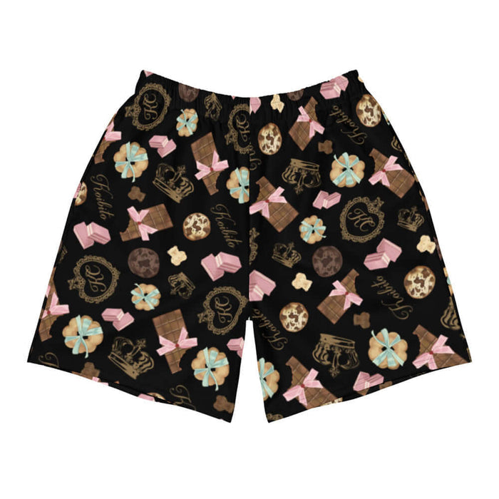 Royal Cookie kawaii men's athletic shorts in dark chocolate with chocolate bear cookies and gold crowns