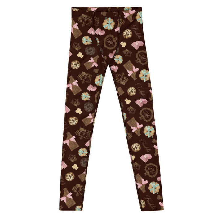 Royal Cookie kawaii men's leggings in vanilla cream with strawberry wafers and ribbon-tied cookies