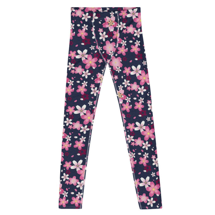 Sakura kawaii men's leggings in pink with a single layered bloom and drifting petals