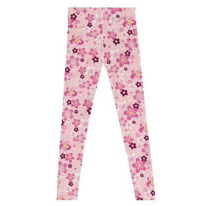 Sakura kawaii men's leggings in pink with wine-dark blossoms and pale blossom clusters