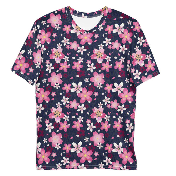 Sakura kawaii men's tee in pink with drifting cherry blossom petals and golden wave arcs