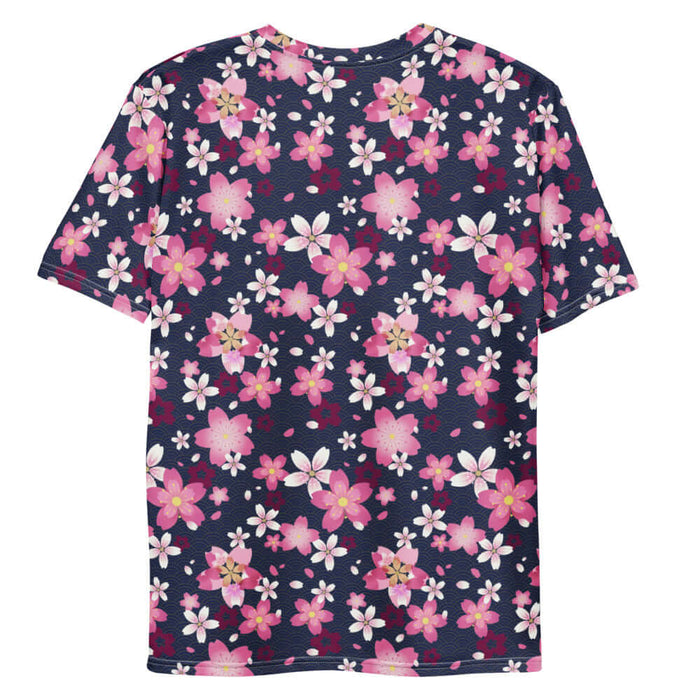 Sakura kawaii men's tee in pink with bright pink sakura and white-centered wine blooms