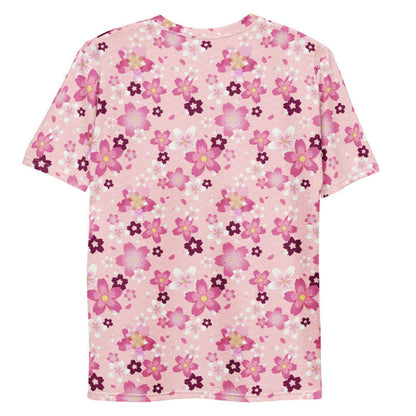 Sakura kawaii men's tee in pink with golden-centered sakura and gold seigaiha waves