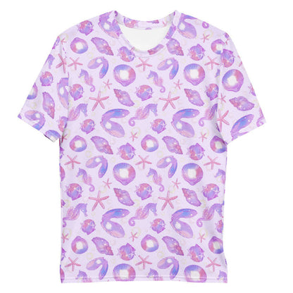 Sea Princess kawaii men's t-shirt with conch shells and scallop shells in pastel blue, pink and purple