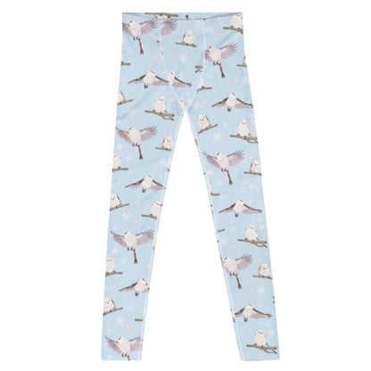 Snow Bird kawaii men's leggings in sky blue with fluffy enaga birds and snowflakes