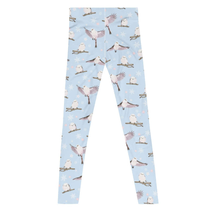 Snow Bird kawaii men's leggings in sky blue with blushing pink cheeks and cherry blossoms