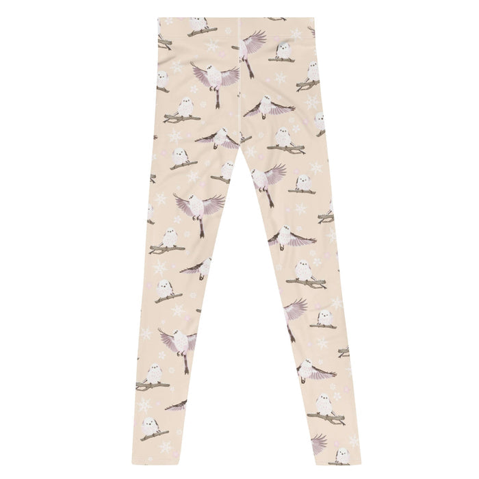 Snow Bird kawaii men's leggings in soft pastels with mid-flight birds and falling snow