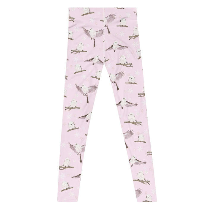 Snow Bird kawaii men's leggings in powder pink with pink-cheeked enagas and crystalline snowflakes