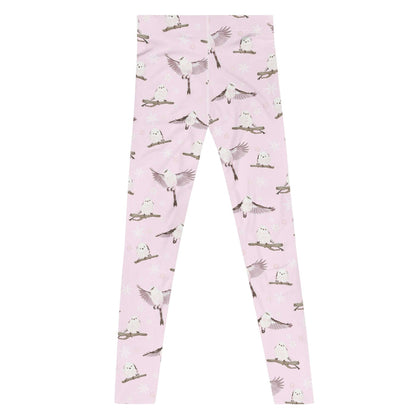 Snow Bird kawaii men's leggings in powder pink with pink-cheeked enagas and crystalline snowflakes