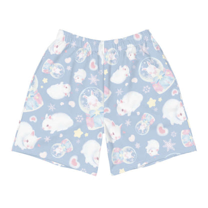 Snow Bunny kawaii men's athletic shorts with fluffy white bunnies and snow globes
