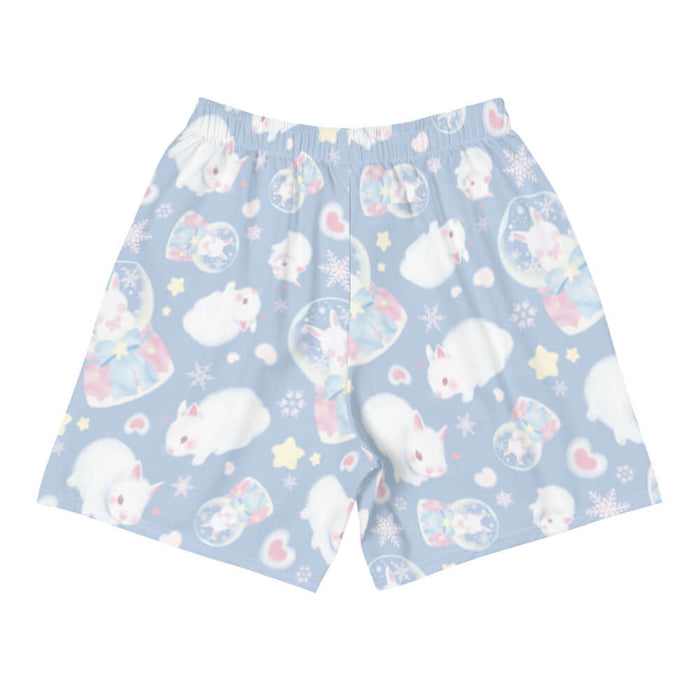 Snow Bunny kawaii men's athletic shorts in blue with blushing bunnies and blue satin bows