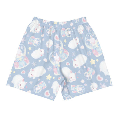 Snow Bunny kawaii men's athletic shorts in blue with blushing bunnies and blue satin bows