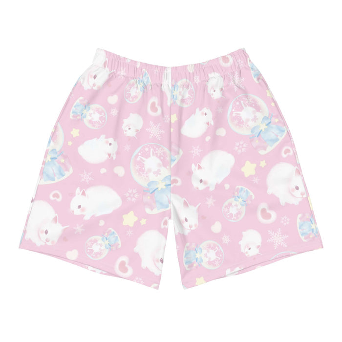 Snow Bunny kawaii men's athletic shorts in pink with snow globes and drifting snowflakes
