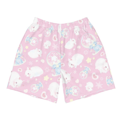Snow Bunny kawaii men's athletic shorts in pink with snow globes and drifting snowflakes