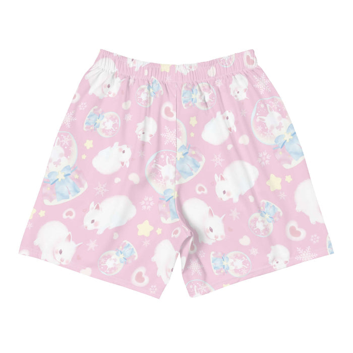 Snow Bunny kawaii men's athletic shorts in pink with fluffy bunnies and cream stars