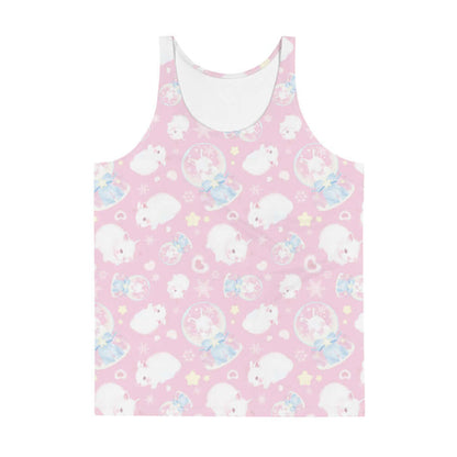 Snow Bunny kawaii men's tank top in pink with snow globes and drifting snowflakes