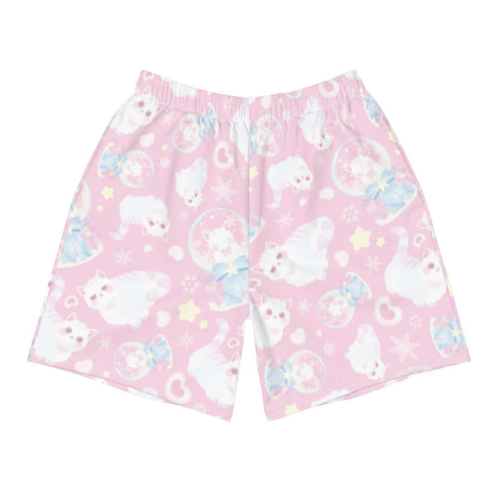 Snow Kitten kawaii men's athletic shorts in pink with fluffy white kittens and snow globes
