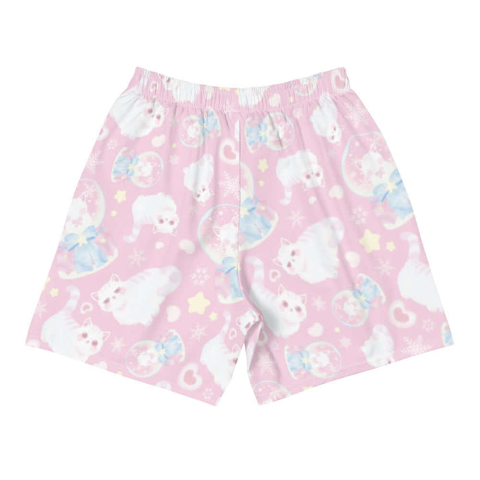 Snow Kitten kawaii men's athletic shorts in pink with blushing kittens and blue and pink bows