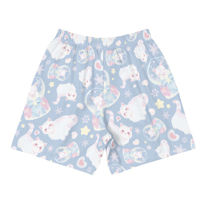 Snow Kitten kawaii men's athletic shorts in blue with snow globes and drifting snowflakes