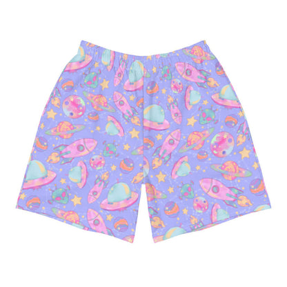 Space kawaii men's athletic shorts in lavender with pink rockets and ringed Saturns