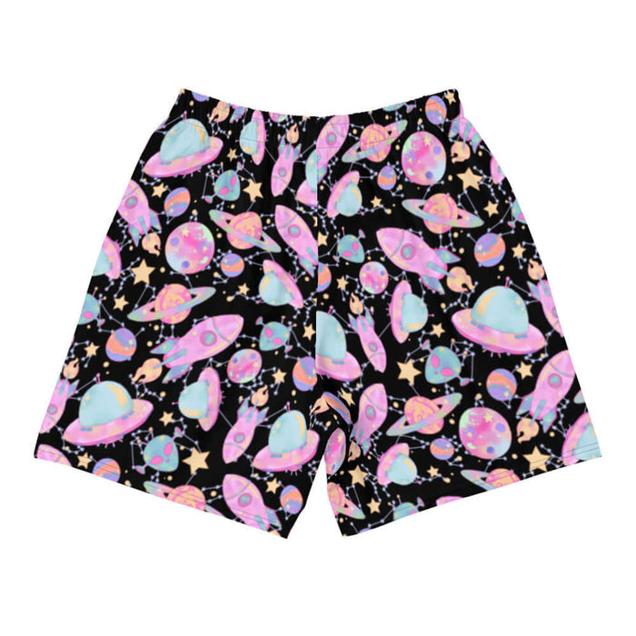 Space kawaii men's athletic shorts in lavender with rainbow-swirled planets and glowing orbs