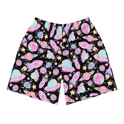 Space kawaii men's athletic shorts in lavender with mint aliens and crescent moons