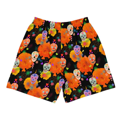 Sugar Skull kawaii men's athletic shorts with calaveras and confetti hearts on black