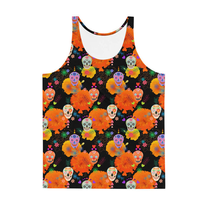 Sugar Skull alternative men's tank top with painted calaveras and cempasúchil blooms on black