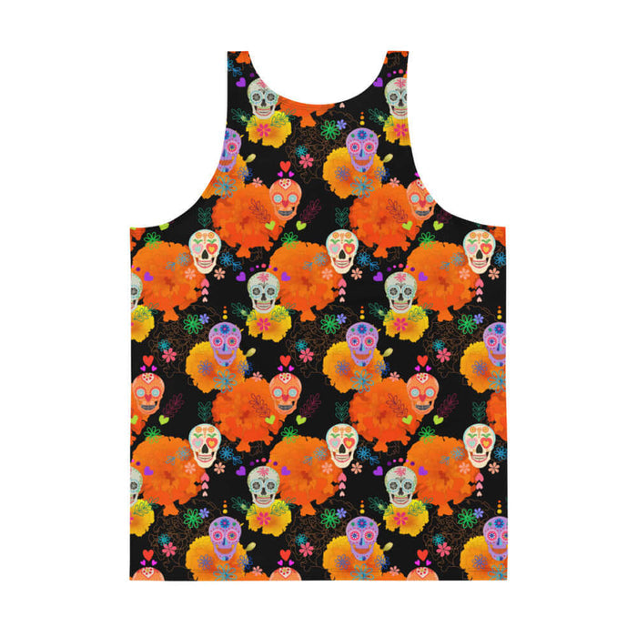 Sugar Skull alternative men's tank top with ornate skulls and line-art daisies on black