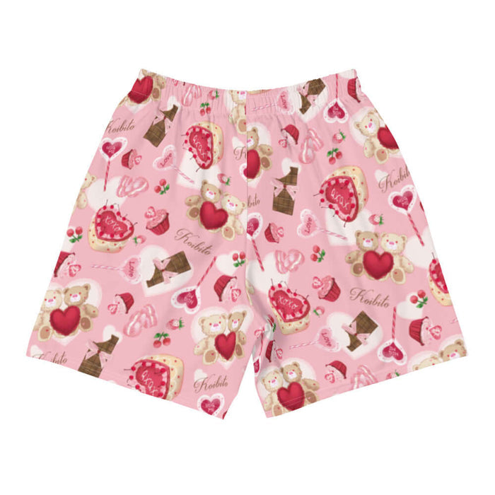 Sugar Sweetheart kawaii men's athletic shorts in pastel pink with love-note lollipops and lace doily hearts