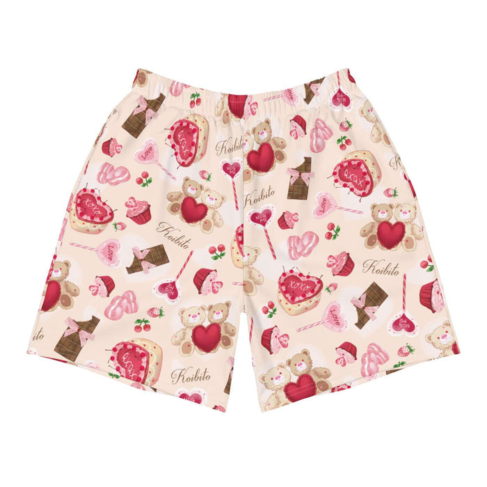 Sugar Sweetheart kawaii men's athletic shorts with cherry-topped cupcakes and hugging teddy bears