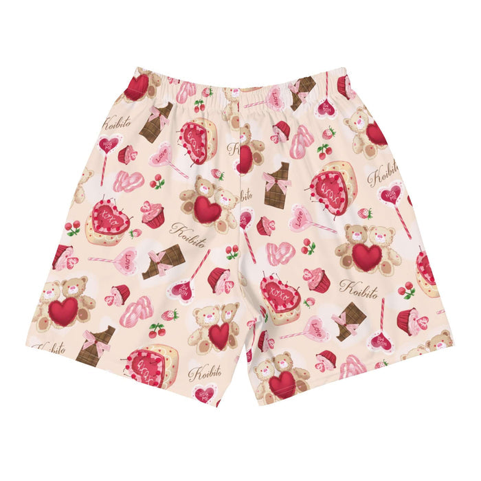 Sugar Sweetheart kawaii men's athletic shorts with XOXO heart cakes and heart-shaped macarons
