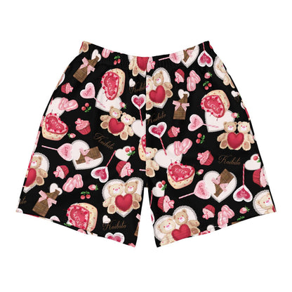 Sugar Sweetheart kawaii men's athletic shorts with satin-bowed chocolate bars and love-note lollipops