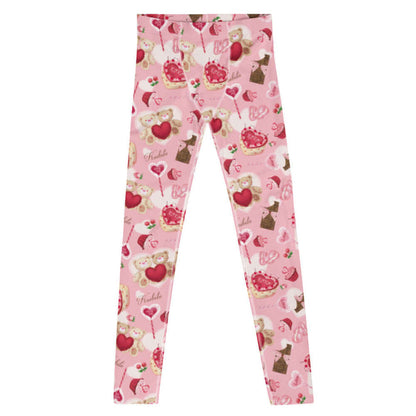Sugar Sweetheart kawaii men's leggings in pastel pink with love-note lollipops and lace doily hearts