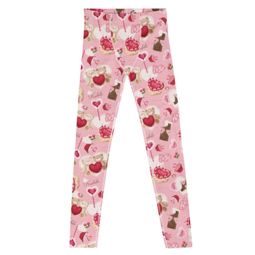 Sugar Sweetheart kawaii men's leggings in pastel pink with love-note lollipops and lace doily hearts