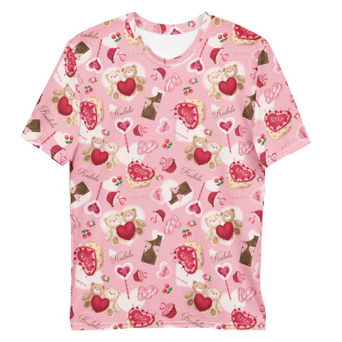 Sugar Sweetheart kawaii men's T-shirt with hugging teddy bears and XOXO heart cakes