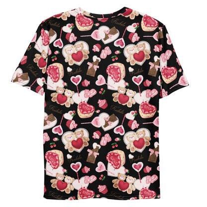 Sugar Sweetheart kawaii men's T-shirt with XOXO heart cakes and heart-shaped macarons