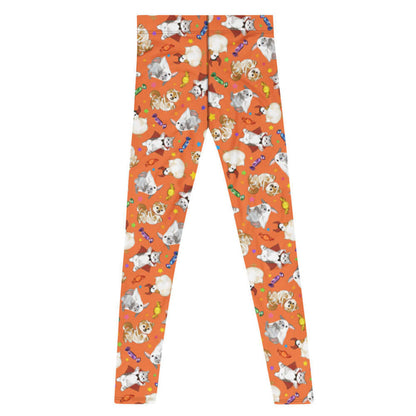 Trick or Treaters alternative men's leggings in pumpkin orange with mummy puppies and wrapped candy