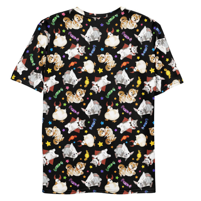 Trick or Treaters alternative men's tee in midnight black with ghost-sheet bunnies and wrapped candy
