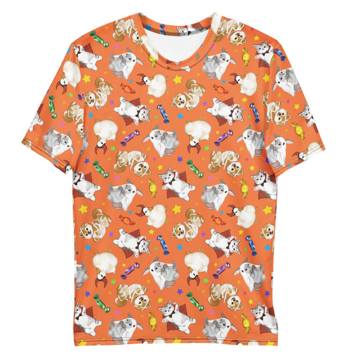 Trick or Treaters alternative men's tee in pumpkin orange with vampire kitties and scattered stars