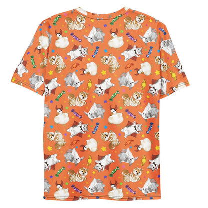 Trick or Treaters alternative men's tee in pumpkin orange with mummy puppies and wrapped candy