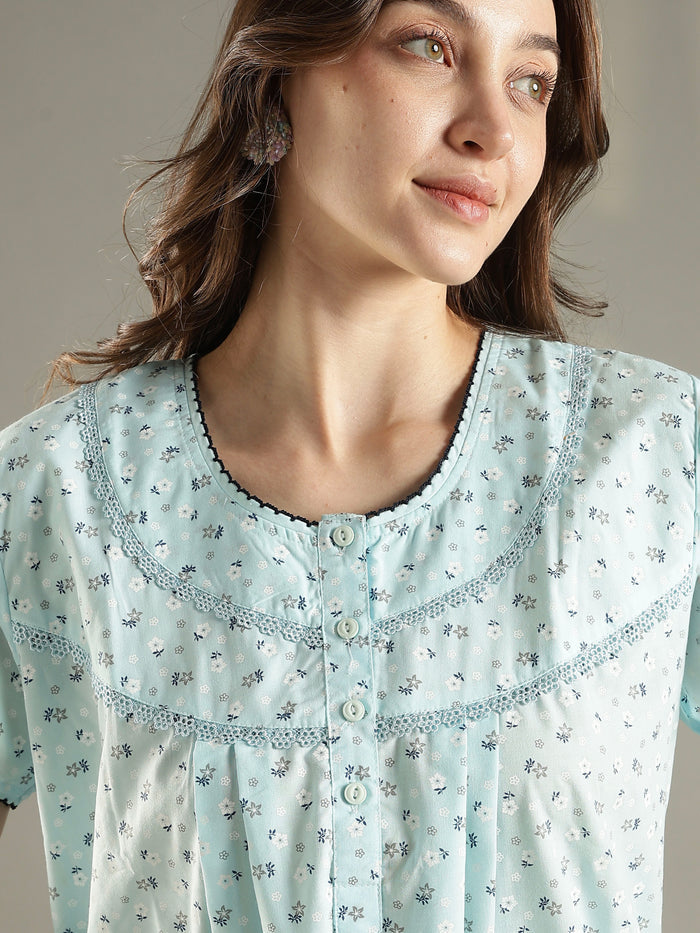 Mint floral soft pure cotton nighty dress For women
