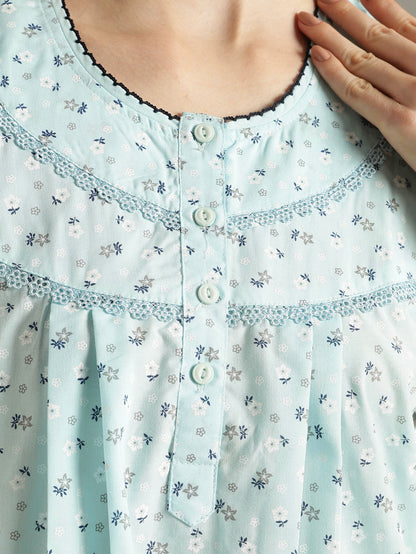 Mint floral soft pure cotton nighty dress For women