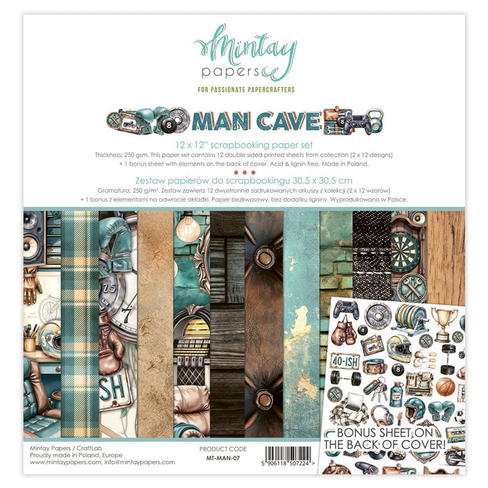 Mintay - 12X12 Paper Set - Man Cave. Scrapbooking and cardmaking paper set. 12" x 12", 240 gsm. Available at Embellish Away in Bowmanville Ontario Canada.