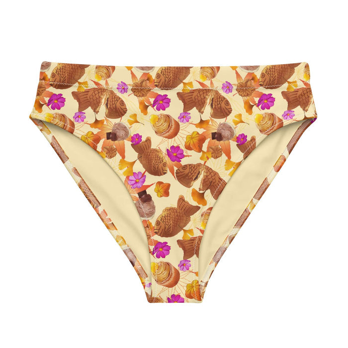 Momiji kawaii high-waisted bikini bottom with pink cosmos blooms and taiyaki pastries