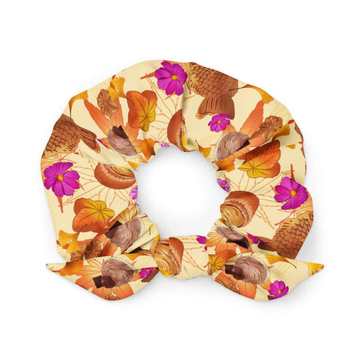 Momiji kawaii scrunchie with split-open taiyaki and golden ginkgo leaves