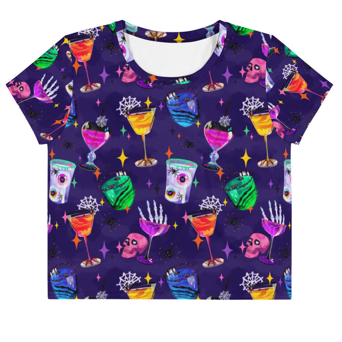 Monster Party kawaii goth crop top, front view, with skeleton hands and glossy candy apples in jewel tones